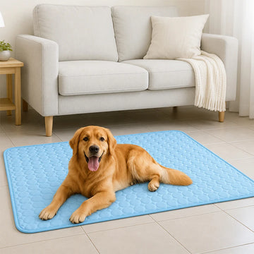 Blue quilted pet cooling mat viewed from above