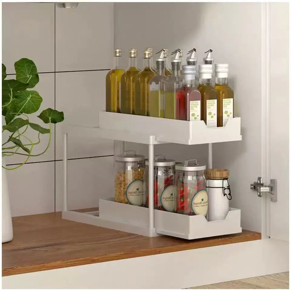 Plastic under-sink organizer side view