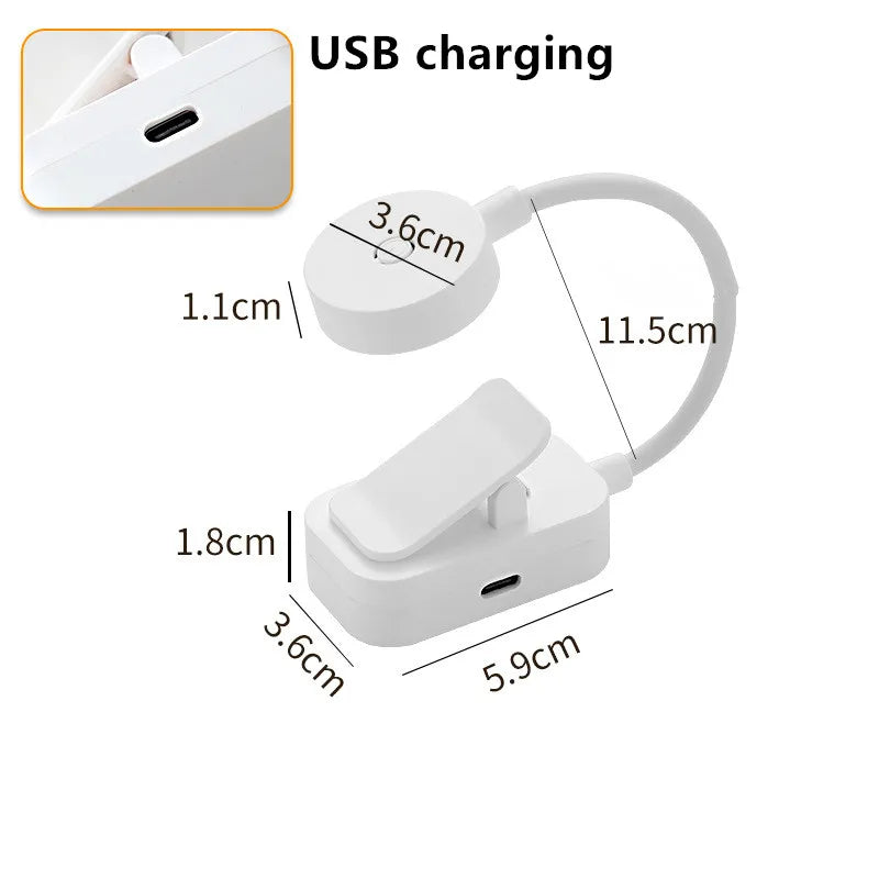 White rechargeable clip-on LED reading light – front product view
