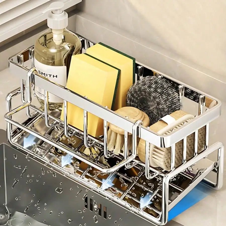 Adhesive Stainless Steel Sink Caddy with Drain Tray - InspiredGrabs.com