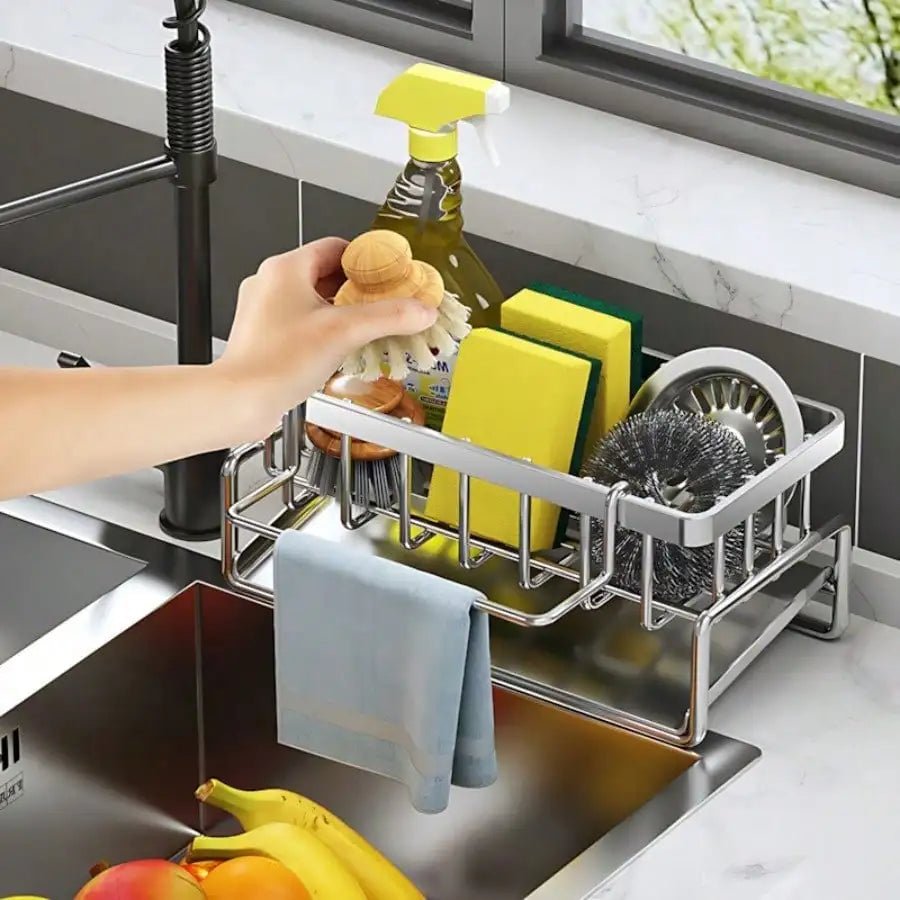 Adhesive Stainless Steel Sink Caddy with Drain Tray - InspiredGrabs.com