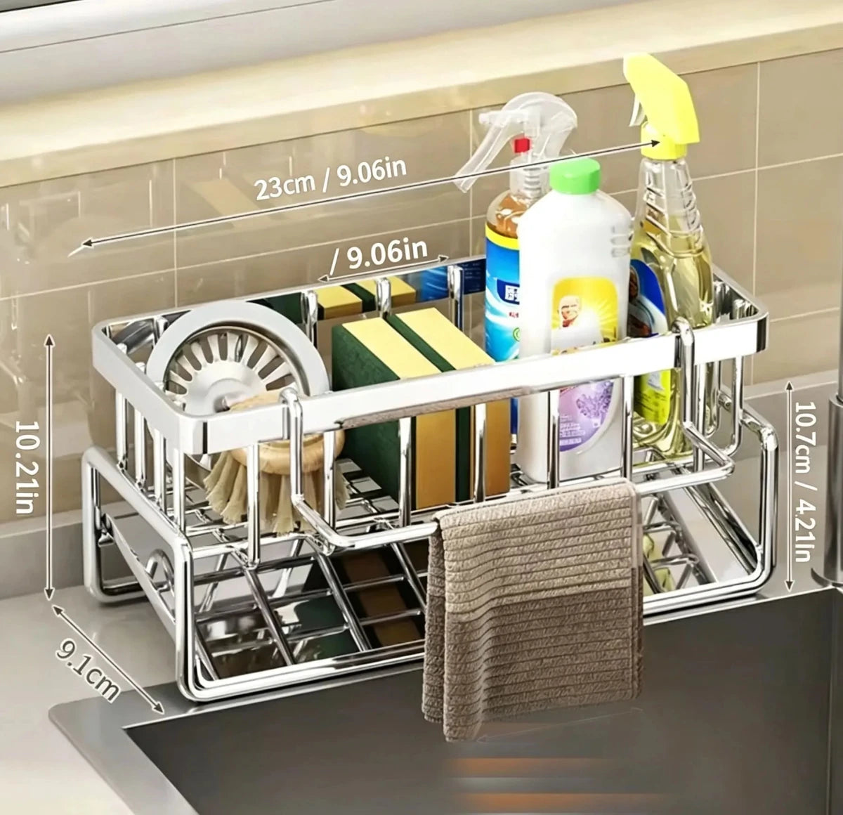 Adhesive Stainless Steel Sink Caddy with Drain Tray - InspiredGrabs.com