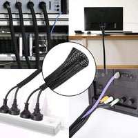 Thumbnail for Black split braided cable sleeve shown organizing wires in several example setups; accessories not included