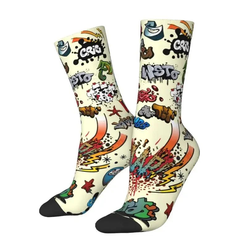Custom Funny Graffiti Crew Socks – Unisex Street Style Cartoon Dress Socks - InspiredGrabs.com
