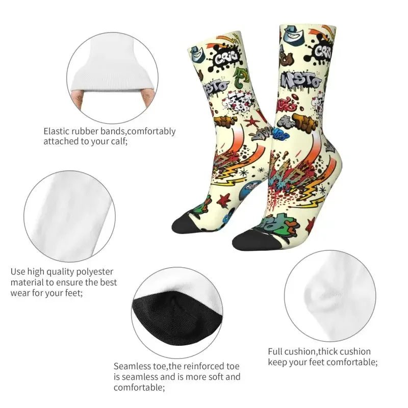 Custom Funny Graffiti Crew Socks – Unisex Street Style Cartoon Dress Socks - InspiredGrabs.com
