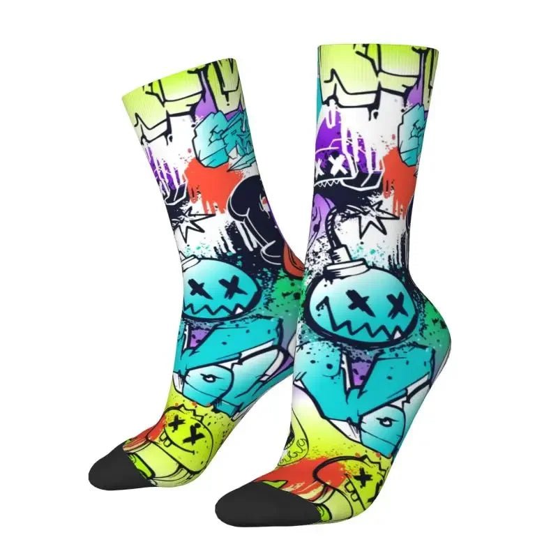 Custom Funny Graffiti Crew Socks – Unisex Street Style Cartoon Dress Socks - InspiredGrabs.com