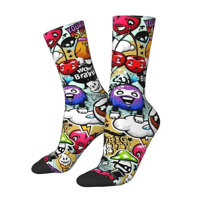 Custom Funny Graffiti Crew Socks – Unisex Street Style Cartoon Dress Socks - InspiredGrabs.com