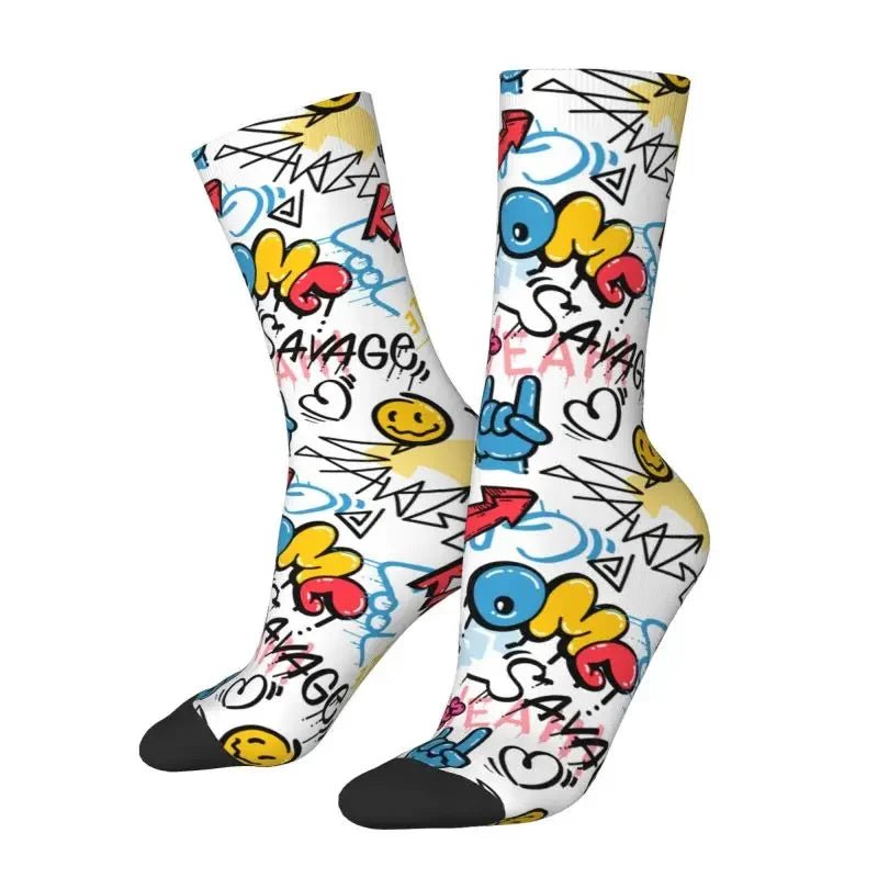 Custom Funny Graffiti Crew Socks – Unisex Street Style Cartoon Dress Socks - InspiredGrabs.com