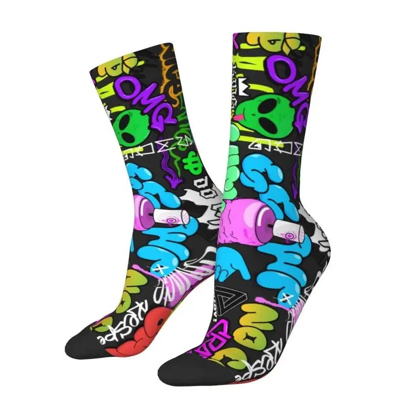 Custom Funny Graffiti Crew Socks – Unisex Street Style Cartoon Dress Socks - InspiredGrabs.com
