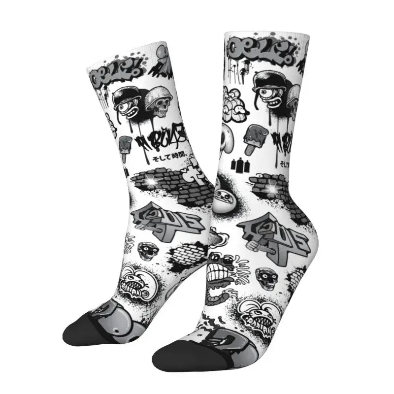 Custom Funny Graffiti Crew Socks – Unisex Street Style Cartoon Dress Socks - InspiredGrabs.com