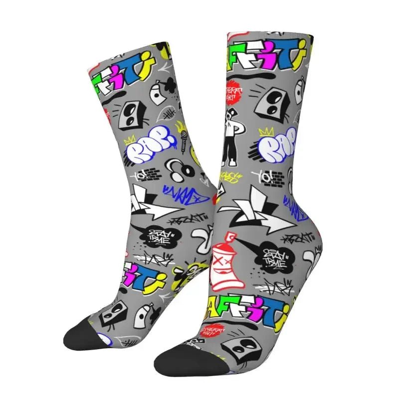 Custom Funny Graffiti Crew Socks – Unisex Street Style Cartoon Dress Socks - InspiredGrabs.com