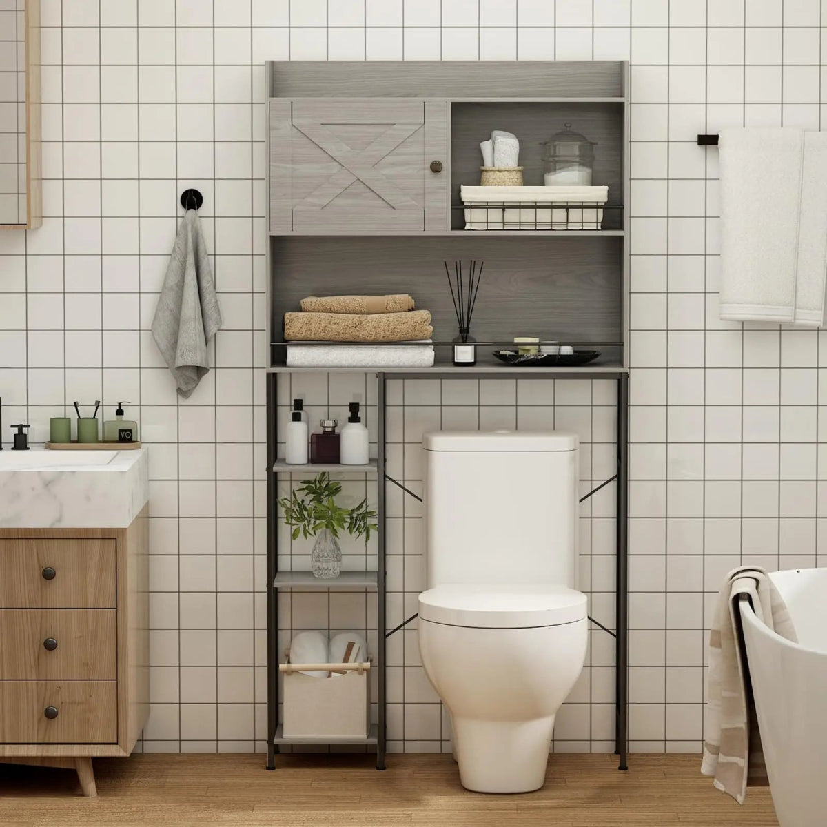 Farmhouse Over Toilet Storage Cabinet - Grey - InspiredGrabs.com