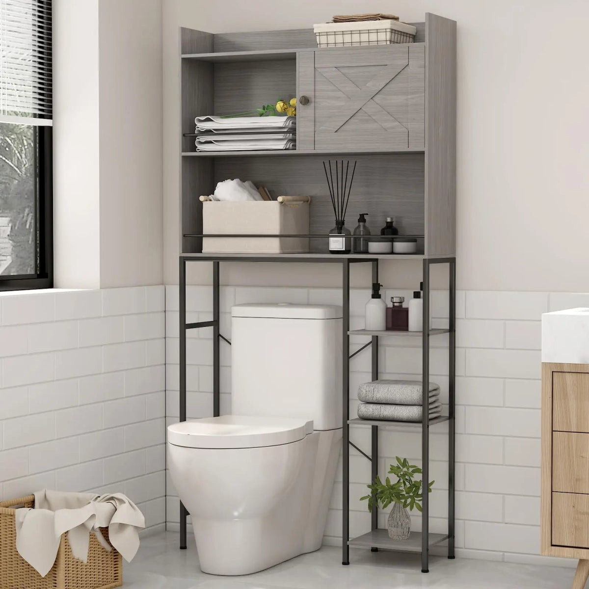 Farmhouse Over Toilet Storage Cabinet - Grey - InspiredGrabs.com