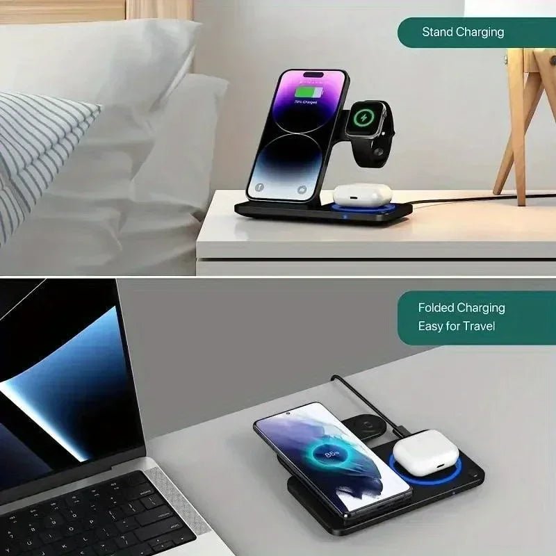 Foldable 3 - in - 1 Wireless Charging Stand | Fast Charging Station for Phone, Earphones, and Watch | Compatible with Apple iPhone 8 - 16, iWatch, and AirPods - InspiredGrabs.com