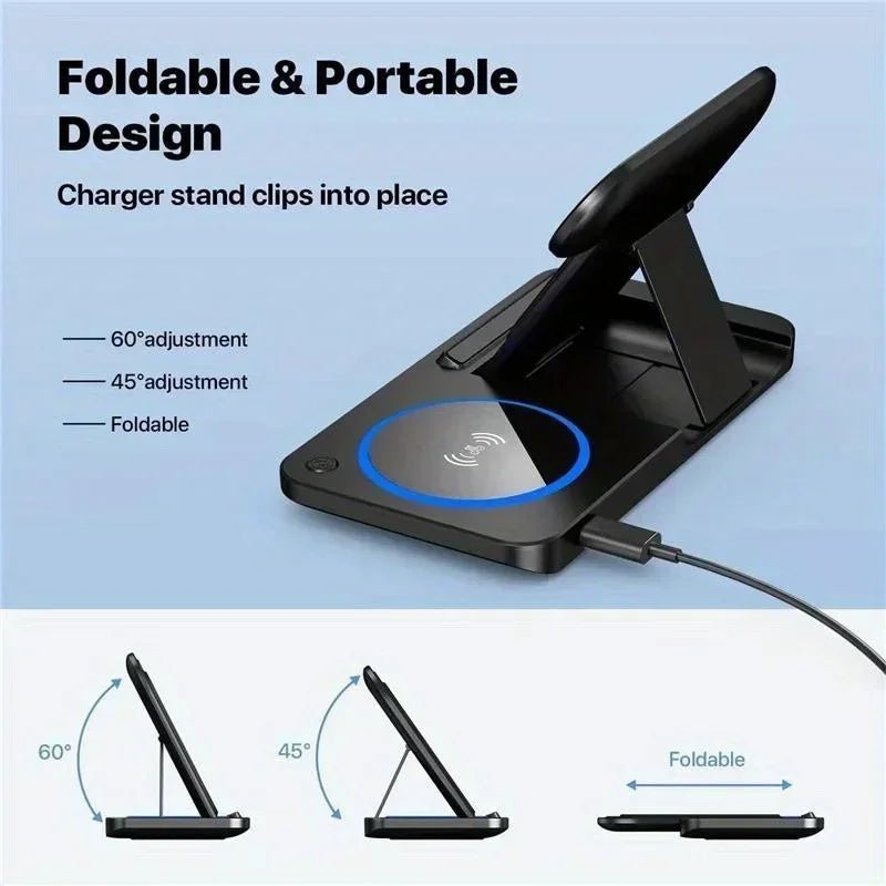 Foldable 3 - in - 1 Wireless Charging Stand | Fast Charging Station for Phone, Earphones, and Watch | Compatible with Apple iPhone 8 - 16, iWatch, and AirPods - InspiredGrabs.com