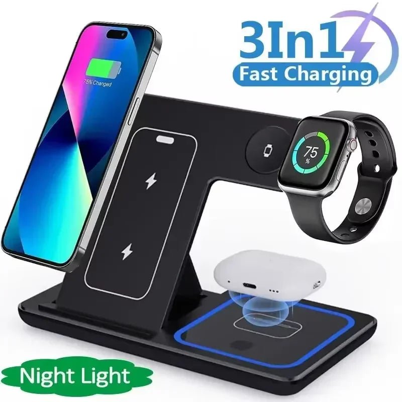 Foldable 3 - in - 1 Wireless Charging Stand | Fast Charging Station for Phone, Earphones, and Watch | Compatible with Apple iPhone 8 - 16, iWatch, and AirPods - InspiredGrabs.com