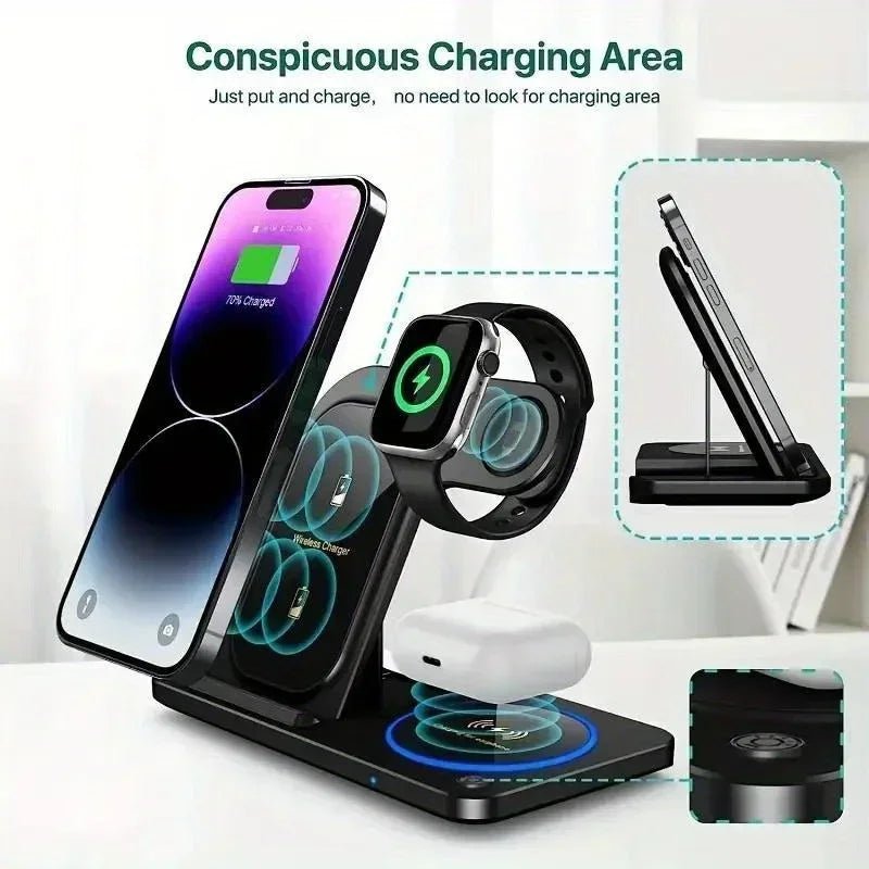 Foldable 3 - in - 1 Wireless Charging Stand | Fast Charging Station for Phone, Earphones, and Watch | Compatible with Apple iPhone 8 - 16, iWatch, and AirPods - InspiredGrabs.com