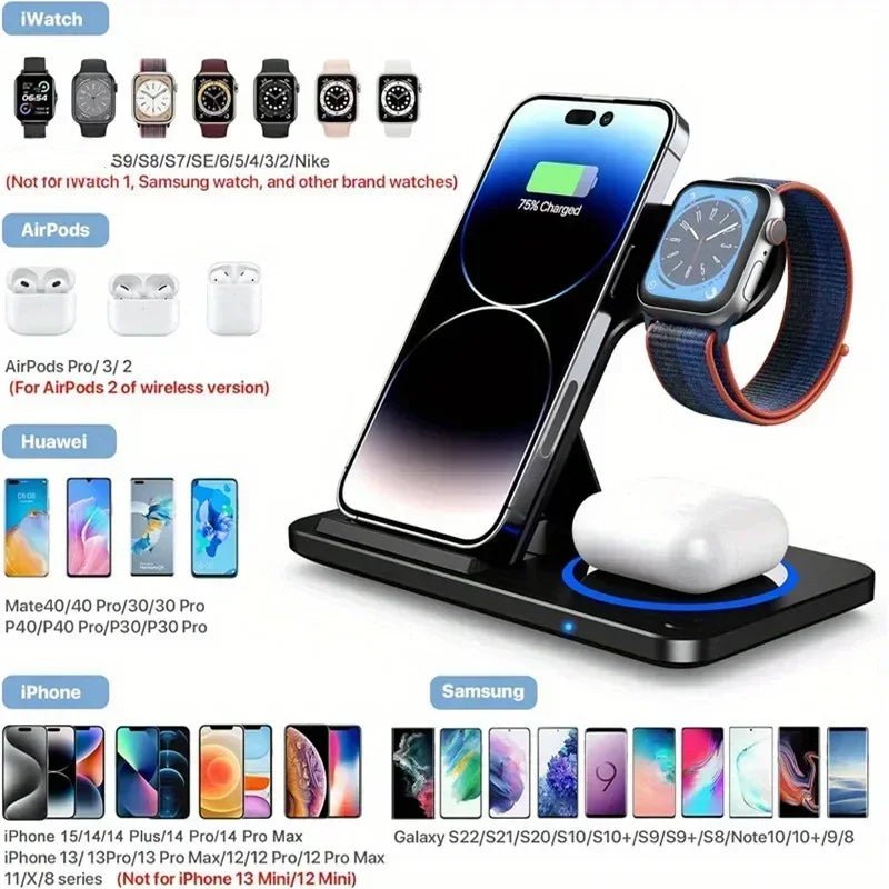 Foldable 3 - in - 1 Wireless Charging Stand | Fast Charging Station for Phone, Earphones, and Watch | Compatible with Apple iPhone 8 - 16, iWatch, and AirPods - InspiredGrabs.com