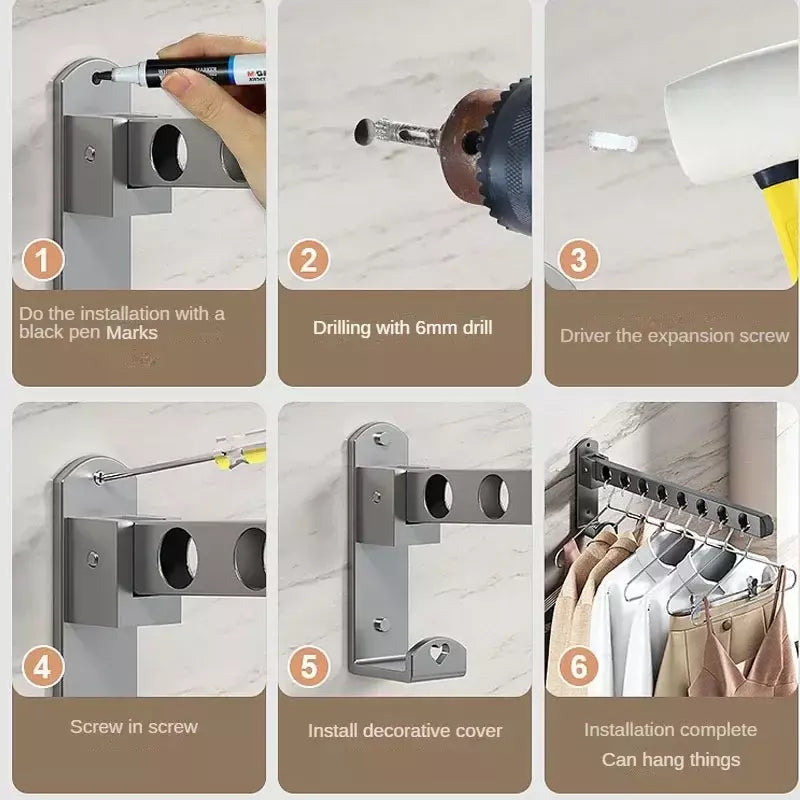 Foldable aluminum clothes rack installed on a wall