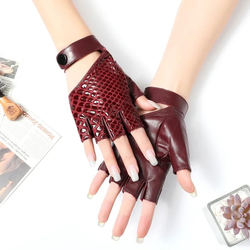 Genuine Leather Half - Finger Snake Skin Gloves – Stylish Biker & Fashion Wear - InspiredGrabs.com