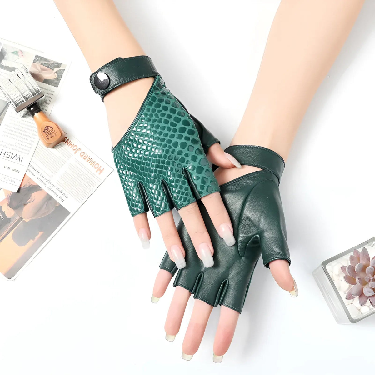 Genuine Leather Half - Finger Snake Skin Gloves – Stylish Biker & Fashion Wear - InspiredGrabs.com