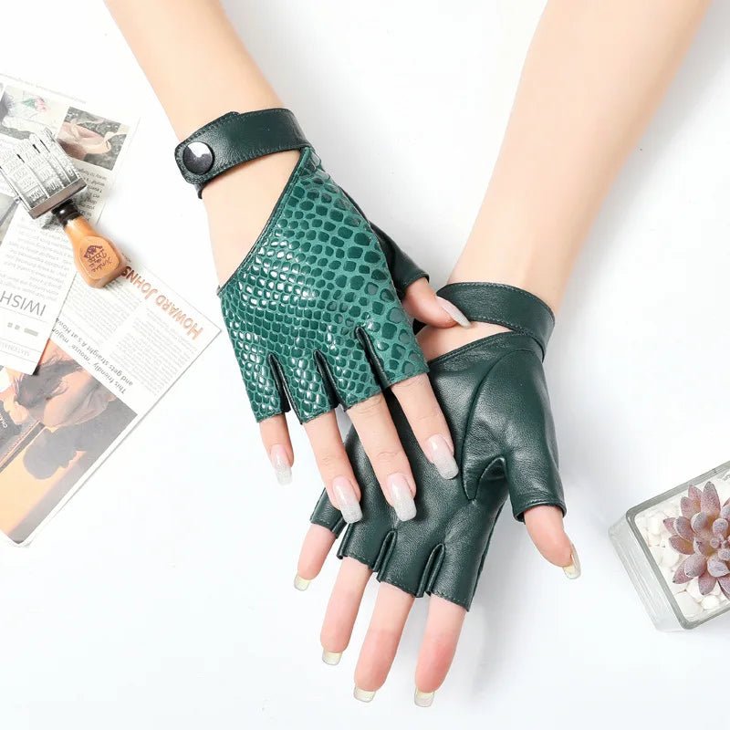 Genuine Leather Half - Finger Snake Skin Gloves – Stylish Biker & Fashion Wear - InspiredGrabs.com