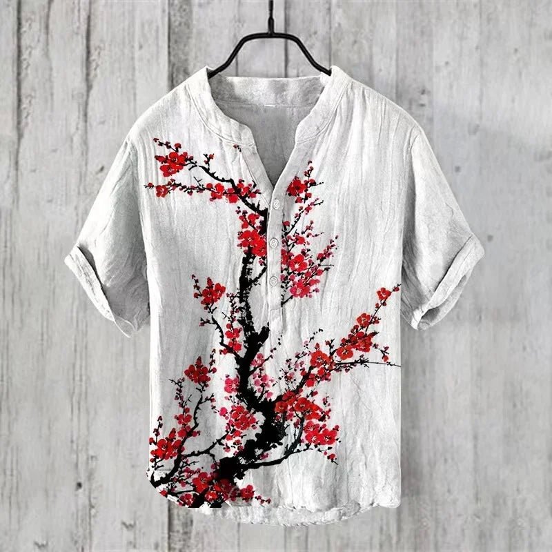 Hawaiian Men’s 100% Linen V - Neck Shirt – Crane Landscape HD Print (Plus Size) - InspiredGrabs.com
