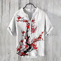 Thumbnail for Hawaiian Men’s 100% Linen V - Neck Shirt – Crane Landscape HD Print (Plus Size) - InspiredGrabs.com