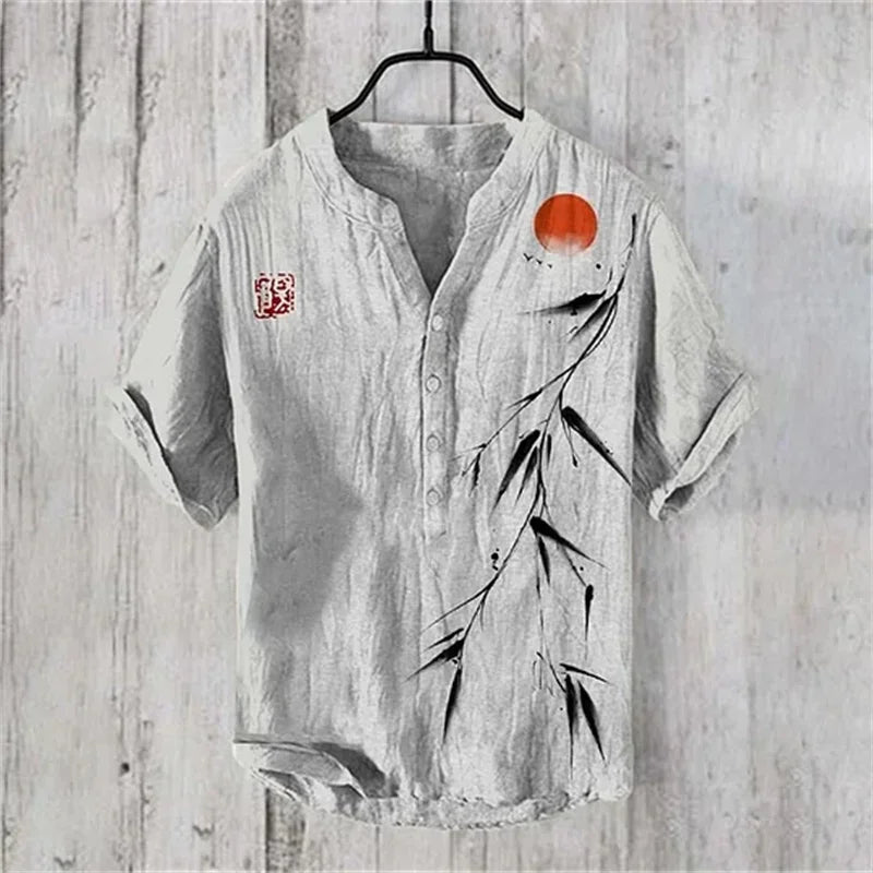 Hawaiian Men’s 100% Linen V - Neck Shirt – Crane Landscape HD Print (Plus Size) - InspiredGrabs.com
