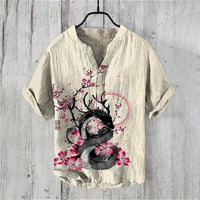 Thumbnail for Hawaiian Men’s 100% Linen V - Neck Shirt – Crane Landscape HD Print (Plus Size) - InspiredGrabs.com