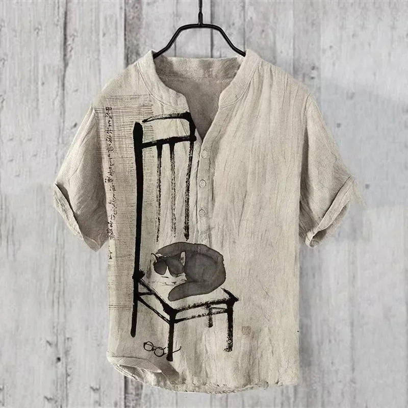 Hawaiian Men’s 100% Linen V - Neck Shirt – Crane Landscape HD Print (Plus Size) - InspiredGrabs.com