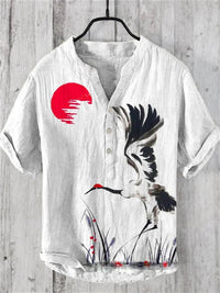 Thumbnail for Hawaiian Men’s 100% Linen V - Neck Shirt – Crane Landscape HD Print (Plus Size) - InspiredGrabs.com