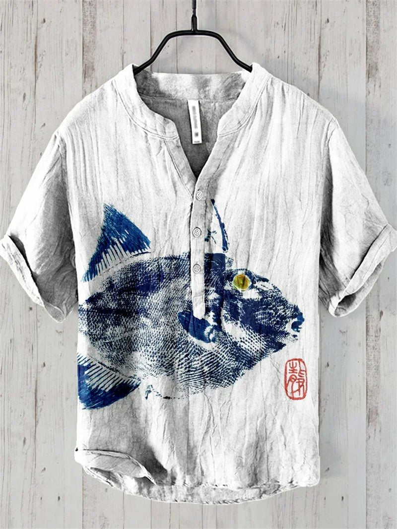Hawaiian Men’s 100% Linen V - Neck Shirt – Crane Landscape HD Print (Plus Size) - InspiredGrabs.com