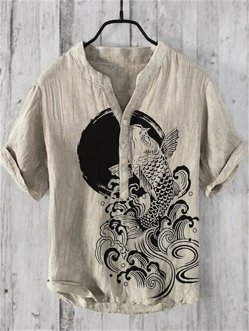 Hawaiian Men’s 100% Linen V - Neck Shirt – Crane Landscape HD Print (Plus Size) - InspiredGrabs.com
