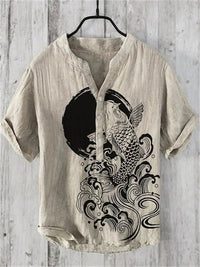 Thumbnail for Hawaiian Men’s 100% Linen V - Neck Shirt – Crane Landscape HD Print (Plus Size) - InspiredGrabs.com