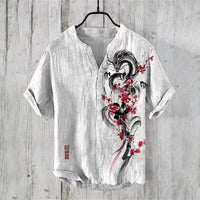 Thumbnail for Hawaiian Men’s 100% Linen V - Neck Shirt – Crane Landscape HD Print (Plus Size) - InspiredGrabs.com