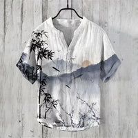 Thumbnail for Hawaiian Men’s 100% Linen V - Neck Shirt – Crane Landscape HD Print (Plus Size) - InspiredGrabs.com