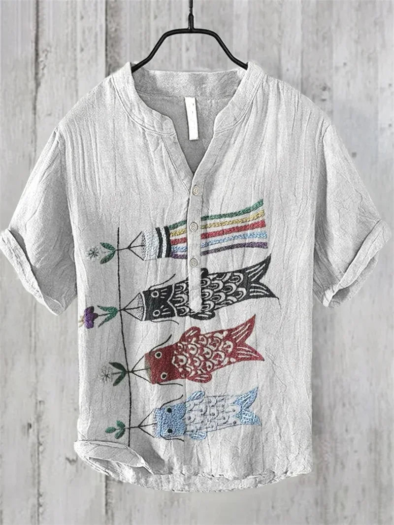 Hawaiian Men’s 100% Linen V - Neck Shirt – Crane Landscape HD Print (Plus Size) - InspiredGrabs.com
