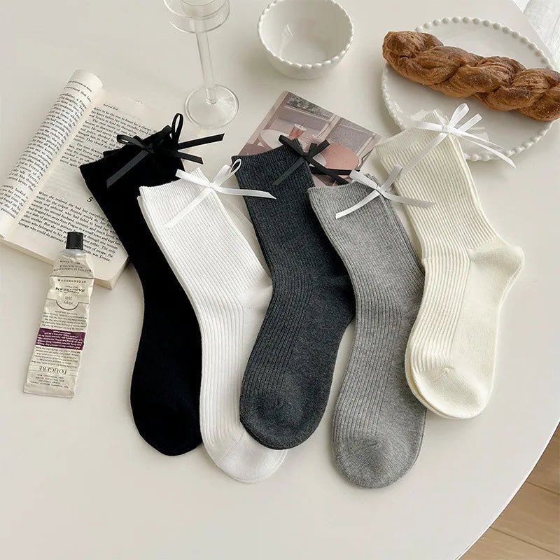 Japanese JK Sweet Bowknot Tied Middle Tube Socks Women Heel Bow Socks Casual Black White Pile Socks Girls Sports Cotton Socks - InspiredGrabs.com