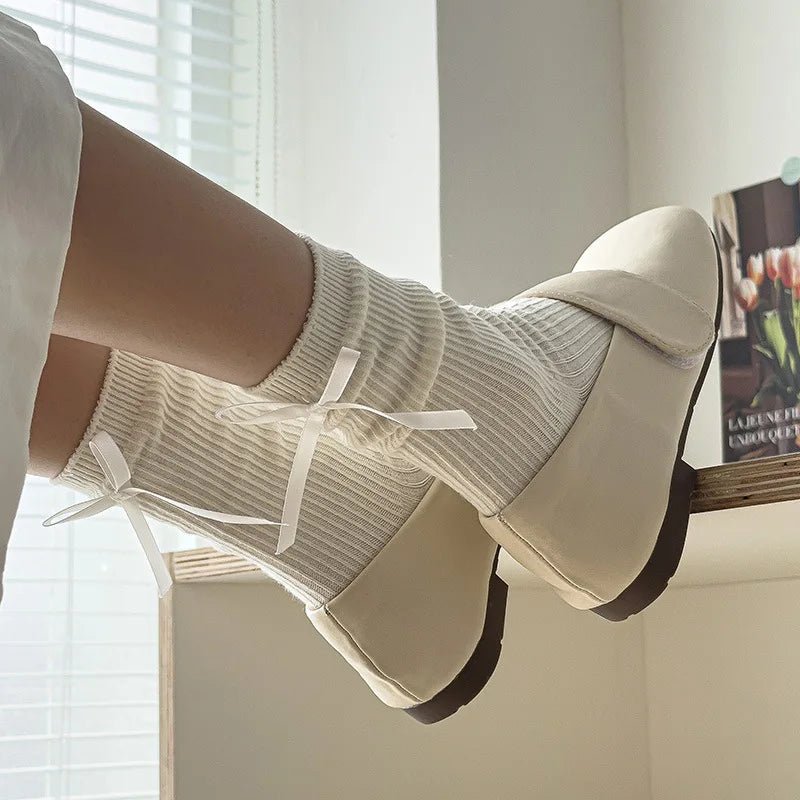 Japanese JK Sweet Bowknot Tied Middle Tube Socks Women Heel Bow Socks Casual Black White Pile Socks Girls Sports Cotton Socks - InspiredGrabs.com