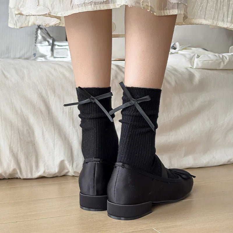 Japanese JK Sweet Bowknot Tied Middle Tube Socks Women Heel Bow Socks Casual Black White Pile Socks Girls Sports Cotton Socks - InspiredGrabs.com
