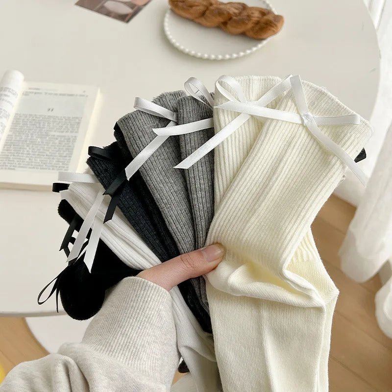 Japanese JK Sweet Bowknot Tied Middle Tube Socks Women Heel Bow Socks Casual Black White Pile Socks Girls Sports Cotton Socks - InspiredGrabs.com