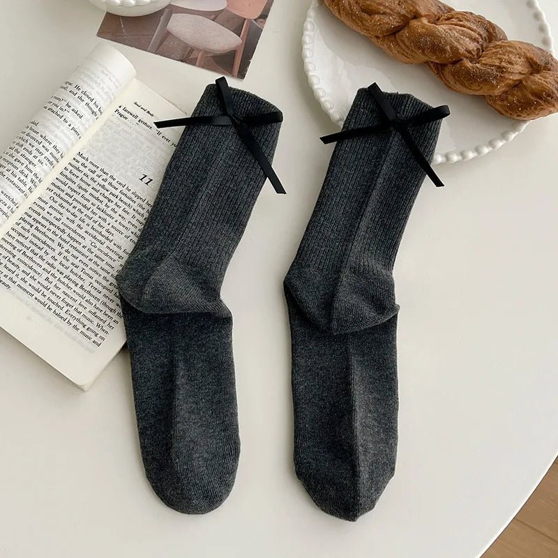 Japanese JK Sweet Bowknot Tied Middle Tube Socks Women Heel Bow Socks Casual Black White Pile Socks Girls Sports Cotton Socks - InspiredGrabs.com