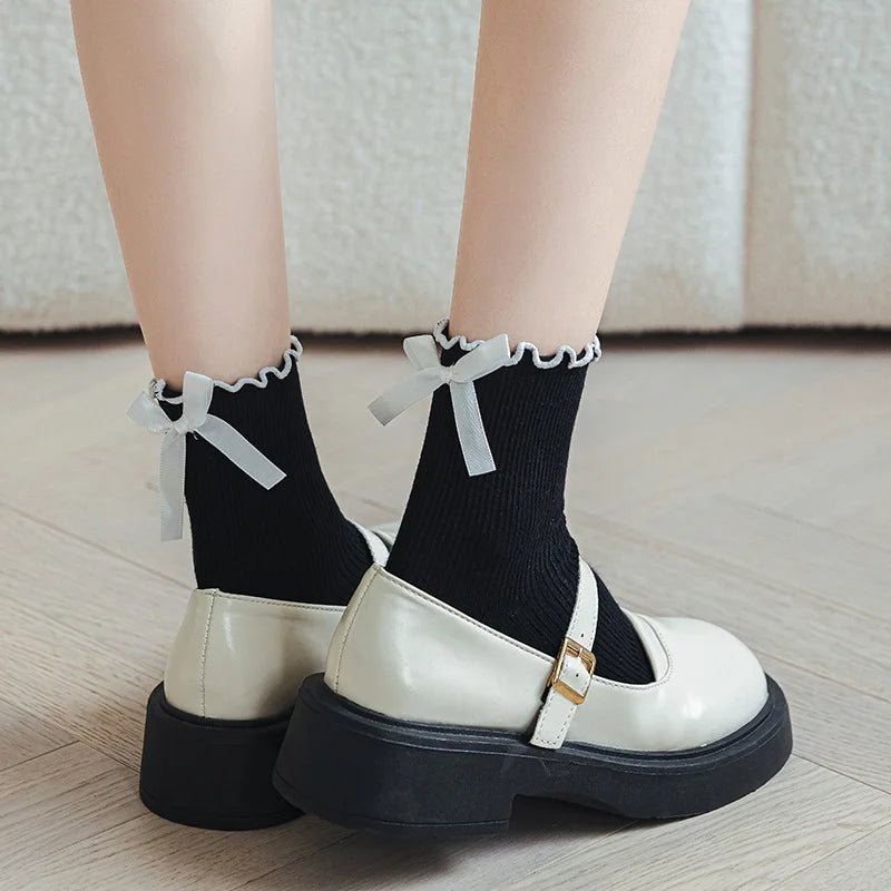 Japanese JK Sweet Bowknot Tied Middle Tube Socks Women Heel Bow Socks Casual Black White Pile Socks Girls Sports Cotton Socks - InspiredGrabs.com