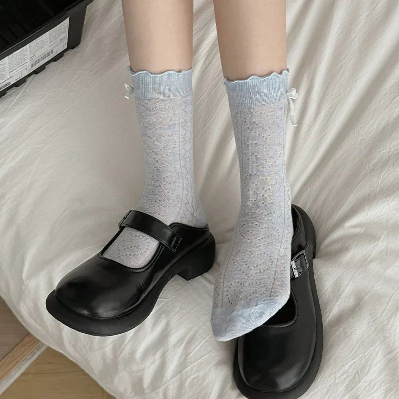 Japanese JK Sweet Bowknot Tied Middle Tube Socks Women Heel Bow Socks Casual Black White Pile Socks Girls Sports Cotton Socks - InspiredGrabs.com