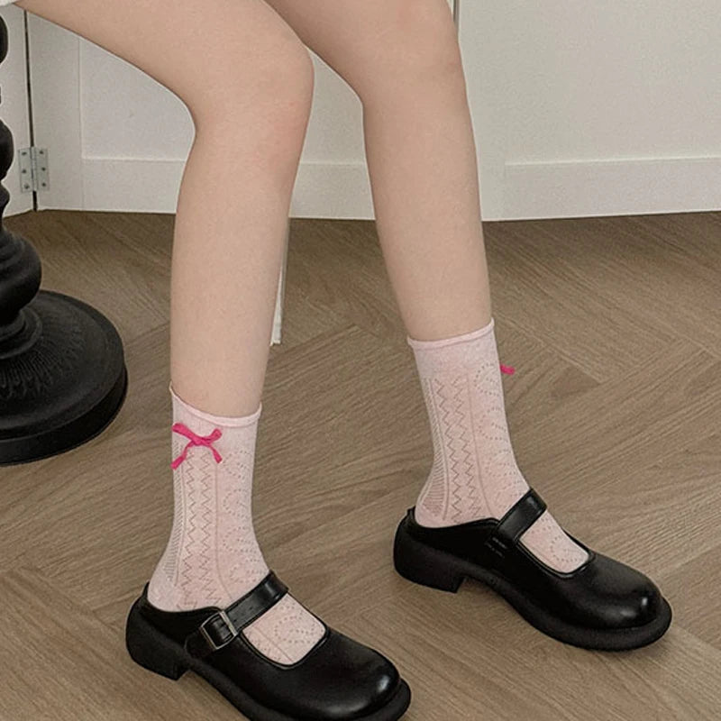 Japanese JK Sweet Bowknot Tied Middle Tube Socks Women Heel Bow Socks Casual Black White Pile Socks Girls Sports Cotton Socks - InspiredGrabs.com
