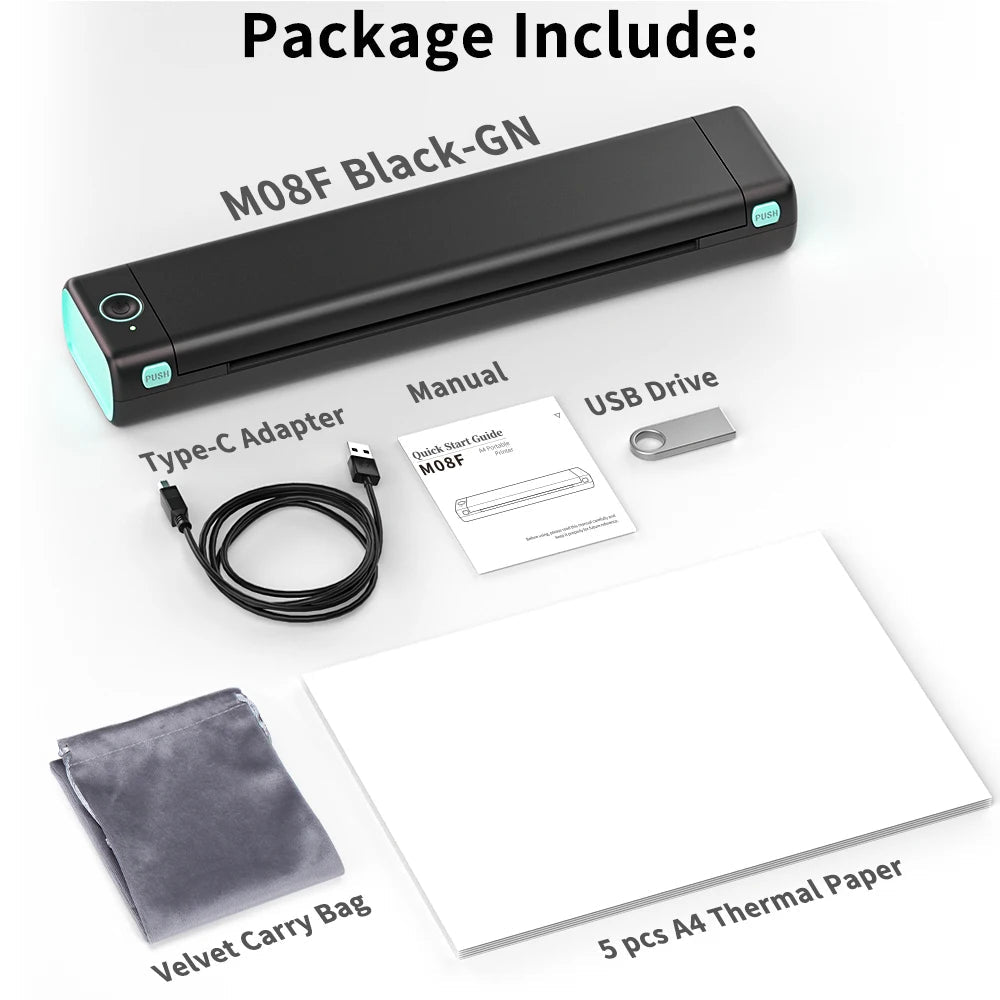 M08F Portable A4 Bluetooth Thermal Printer – Inkless Wireless Printing - InspiredGrabs.com