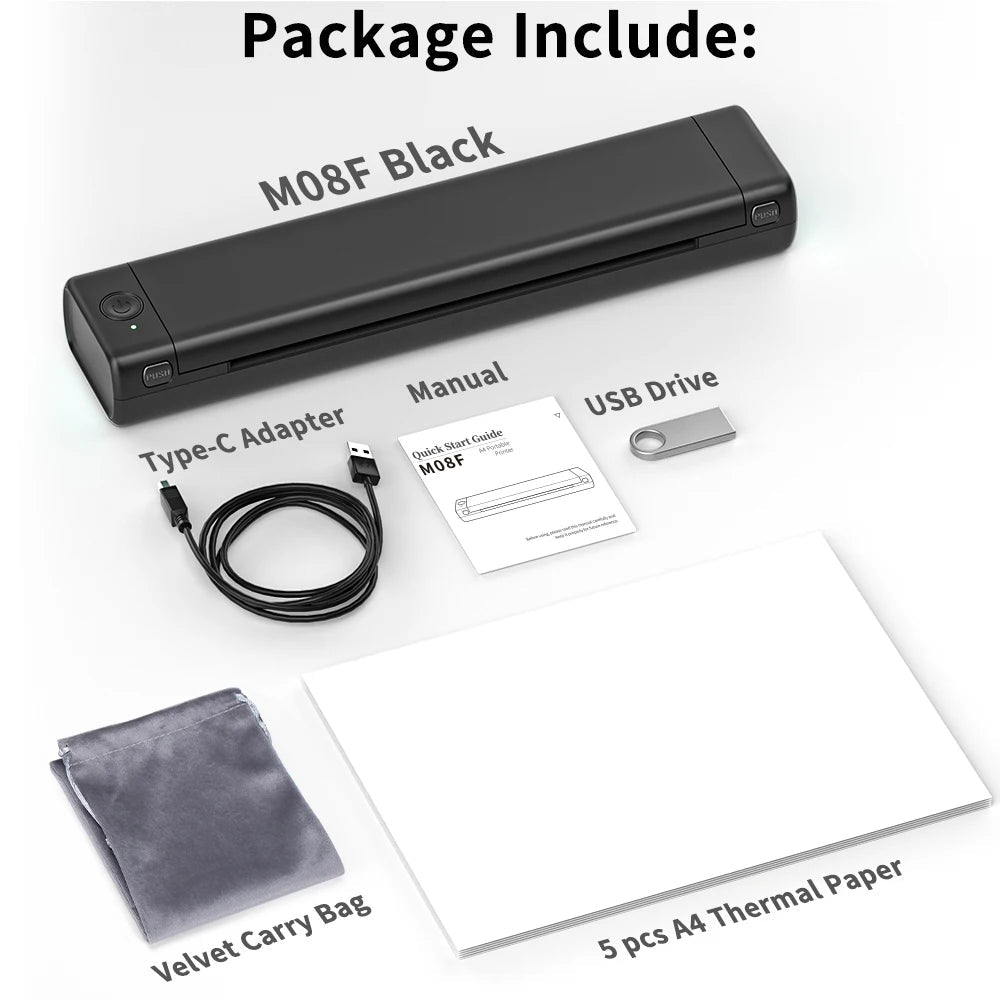 M08F Portable A4 Bluetooth Thermal Printer – Inkless Wireless Printing - InspiredGrabs.com