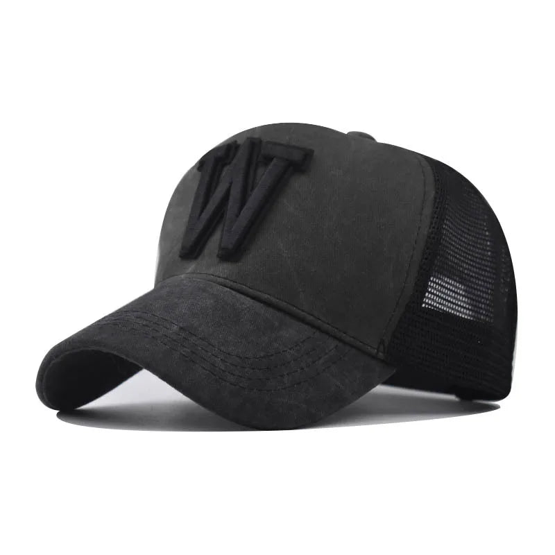 Mesh Baseball Cap with W Embroidery – Breathable Unisex Snapback - InspiredGrabs.com