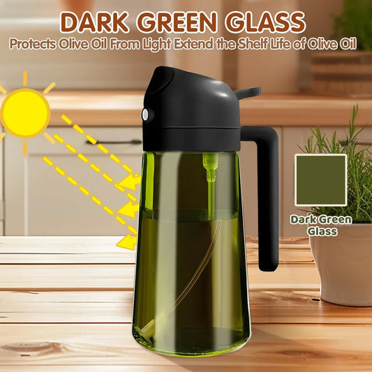 Dark green glass oil dispenser designed to reduce light exposure